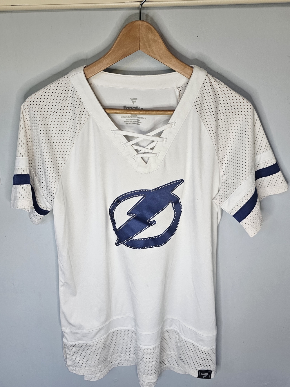 Fanatics Women's Tampa Bay Lightning Rhinestone Lace-Up Jersey Top White Size L